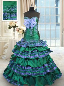 Verde oscuro encaje hasta el 15 º cumpleaños vestido apliques y bordado y capas de rizado y tren de cepillo sin mangas bowknot