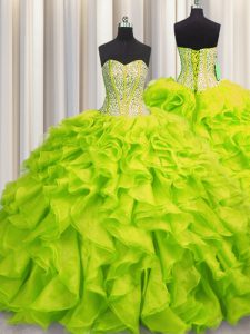 La mayoría de los visibles populares deshuesando los vestidos verdes amarillos del amor la longitud sin mangas del piso del organza del amor atan para arriba el rebordear y los volantes del vestido del 15to cumpleaños