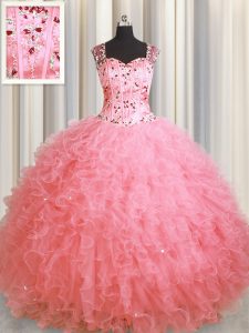 Ideal ver a través de cremallera rosa dulce 16 vestidos militares de pelota y dulce 16 y quinceanera y para con rebordear y volantes cuadrados sin mangas cremallera