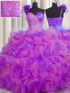 Los vestidos de bola florecen a mano el vestido de bola del vestido del baile de fin de curso multi-color uno hombro la longitud sin mangas del piso de Tulle atan para arriba
