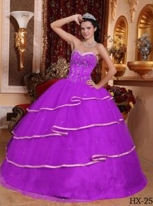 Púrpura Vestido De Fiesta Dulceheart Hasta El Suelo Satén Y Tul Bordado Vestido De Quinceañera