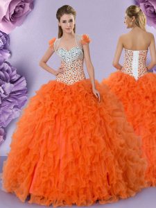 Los llamativos vestidos de bola de color rojo naranja sin mangas de tul de la longitud de piso de tul hasta encaje hasta rebordear y volantes vestido de baile vestido de baile