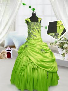 Personalizar el diseño de los vestidos de bola verde amarillo correas longitud sin mangas de piso de satén hasta encaje hasta rebordear y recoger el vestido de desfile niña