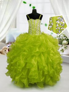 Los vestidos de bola verdes amarillos las correas de espagueti la longitud sin mangas del piso del organza atan para arriba el rebordear y el vestido del desfile de los niños de las colmenas